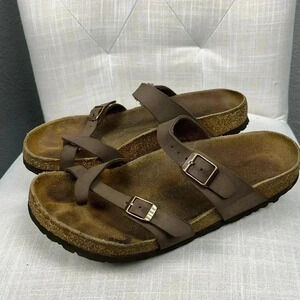 Birkenstock Mayari Sandals Mocha Leather Toe Loop Double Buckle Strap Size 40